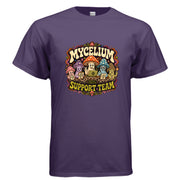 Colorful psychedelic mushroom graphic t-shirt design reading Mycelium Support Team with cheerful fungi characters, roots, stars, and retro lettering.