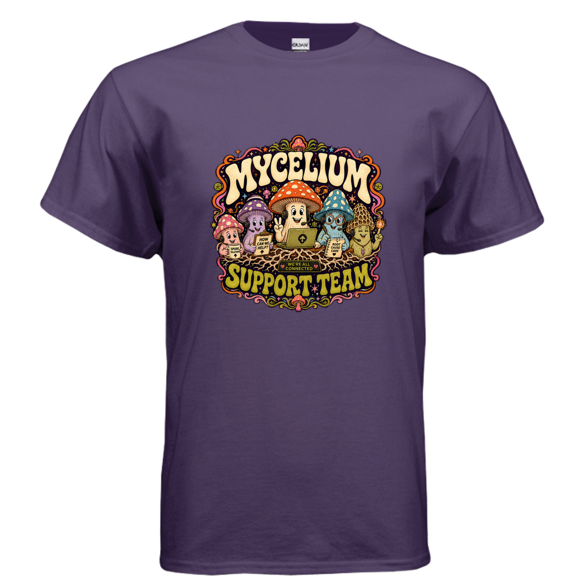 Colorful psychedelic mushroom graphic t-shirt design reading Mycelium Support Team with cheerful fungi characters, roots, stars, and retro lettering.