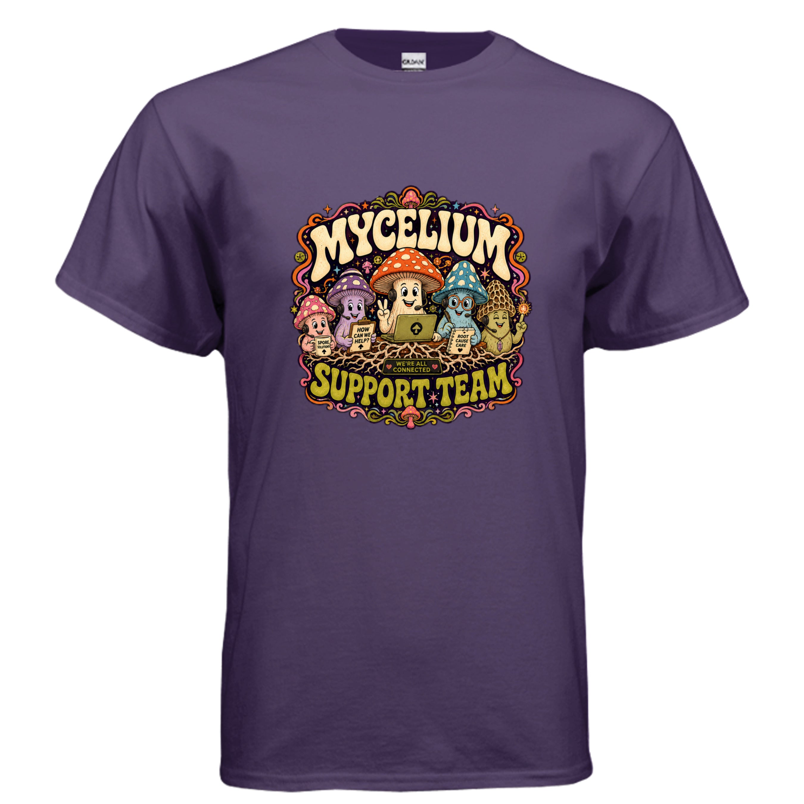 Colorful psychedelic mushroom graphic t-shirt design reading Mycelium Support Team with cheerful fungi characters, roots, stars, and retro lettering.