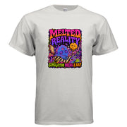 Psychedelic Melted Reality Simulation Needs A Nap graphic t-shirt design with surreal cosmic artwork, mushrooms, melting text, and sleepy dreamlike details.