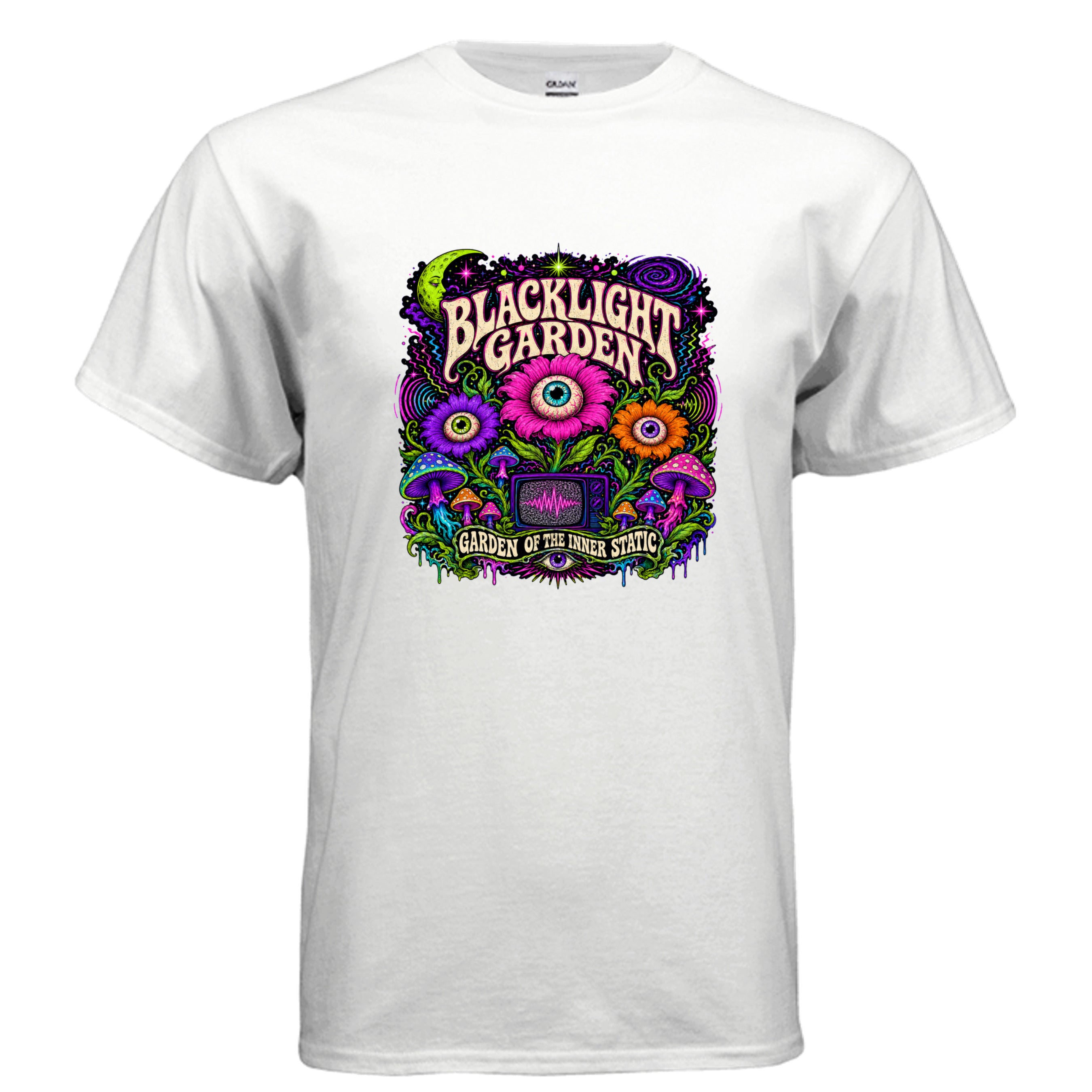 Blacklight Garden Garden Of The Inner Static psychedelic t-shirt design with neon mushrooms, eye flowers, cosmic stars, retro TV static, and blacklight poster art style.
