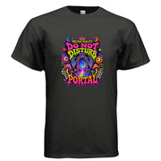 Psychedelic Do Not Disturb The Portal t-shirt design with melting text, colorful mushrooms, cosmic portal, floating hands, moons, stars, and surreal blacklight art.