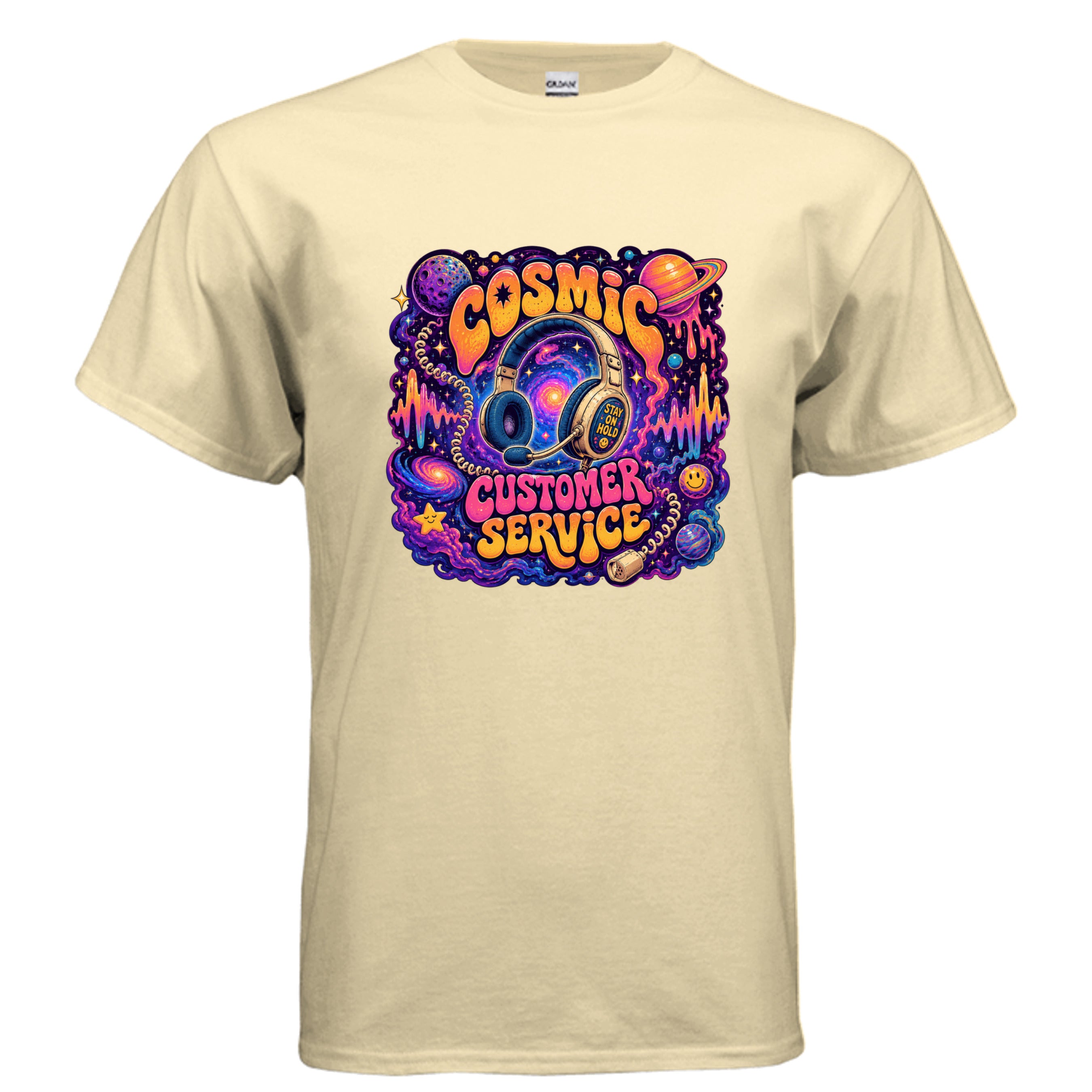 Cosmic Customer Service psychedelic t-shirt design with retro headset, planets, neon sound waves, stars, and bold bubble lettering.