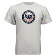 The People First Seal T-Shirt design featuring a patriotic circular emblem with eagle wings, blue star, gold laurel branches, and the words True American Candidate and People First Power Accountable.