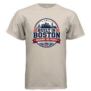Built in Boston Backing the People patriotic Boston graphic t-shirt design with skyline, stars, stripes, and True American Candidate text.
