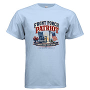 Front Porch Patriot patriotic t-shirt design featuring a rocking chair, American flag, sunrise, and the phrase Common Sense Starts at Home.