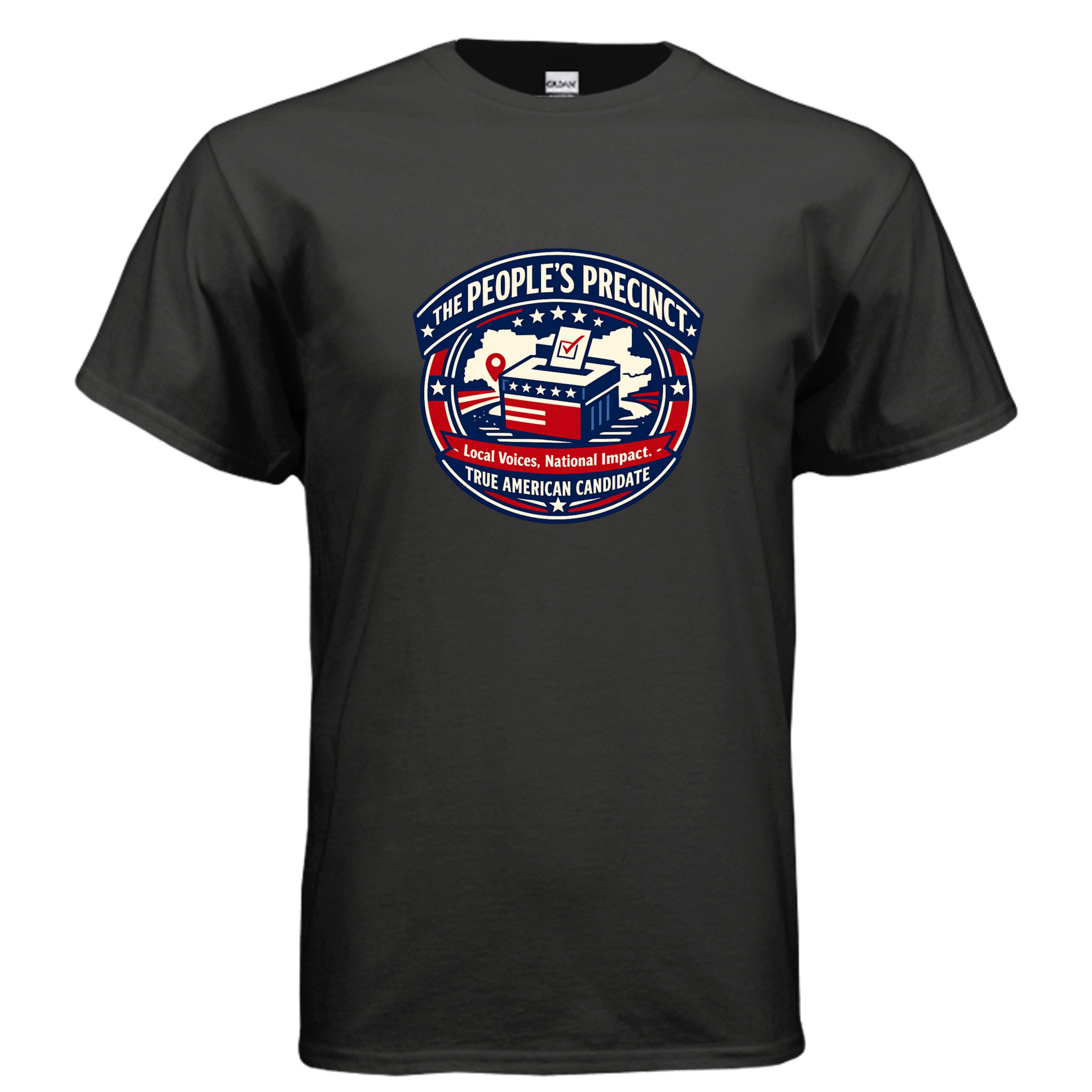 The People’s Precinct patriotic badge t-shirt design featuring a ballot box, stars, stripes, map marker, and the phrase Local Voices National Impact.