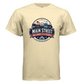 Main Street Belongs to the People patriotic vintage Americana t-shirt design with small-town storefronts, stars, flag, and True American Candidate text.
