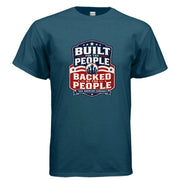 Built for the People Backed by the People patriotic graphic t-shirt design with vintage red white and blue campaign badge artwork.