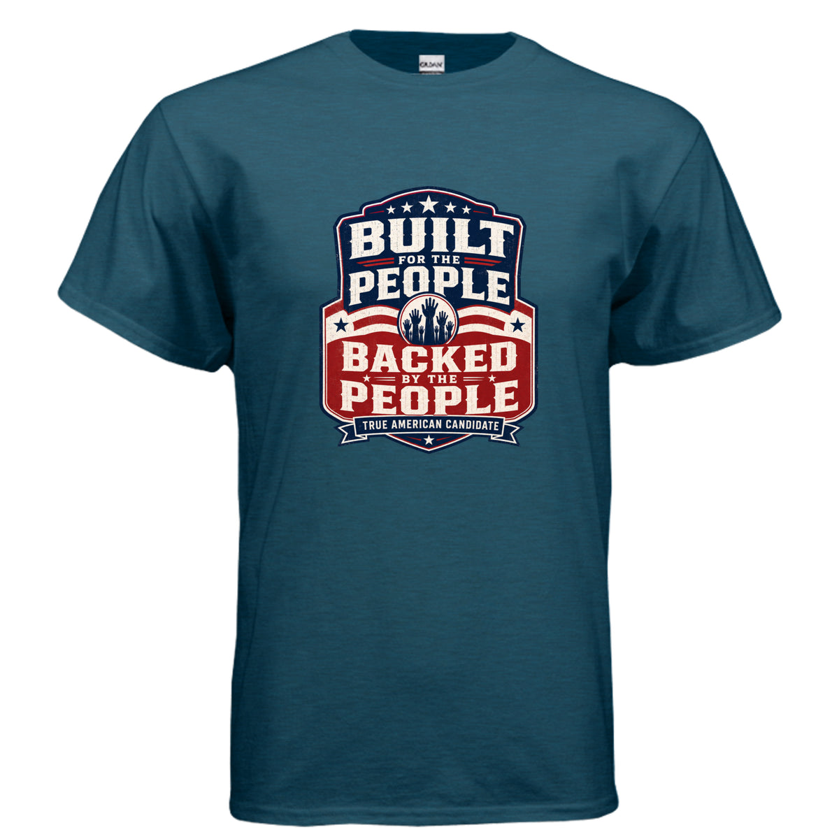 Built for the People Backed by the People patriotic graphic t-shirt design with vintage red white and blue campaign badge artwork.