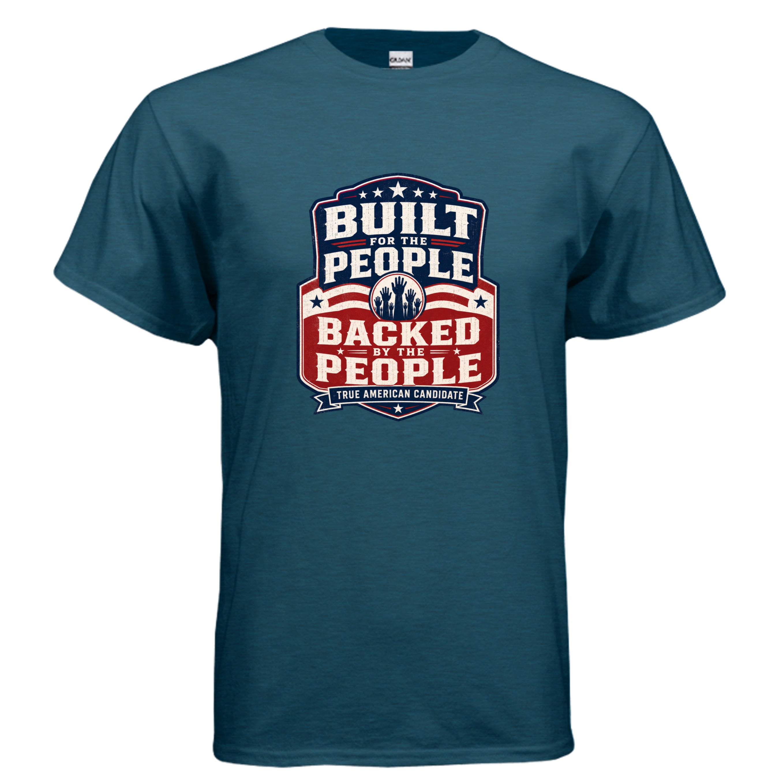 Built for the People Backed by the People patriotic graphic t-shirt design with vintage red white and blue campaign badge artwork.