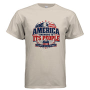 Bold patriotic America Answers to Its People t-shirt graphic with eagle, American flag, stars, ballot box, and Not Parties Not PACs Not Power slogan.