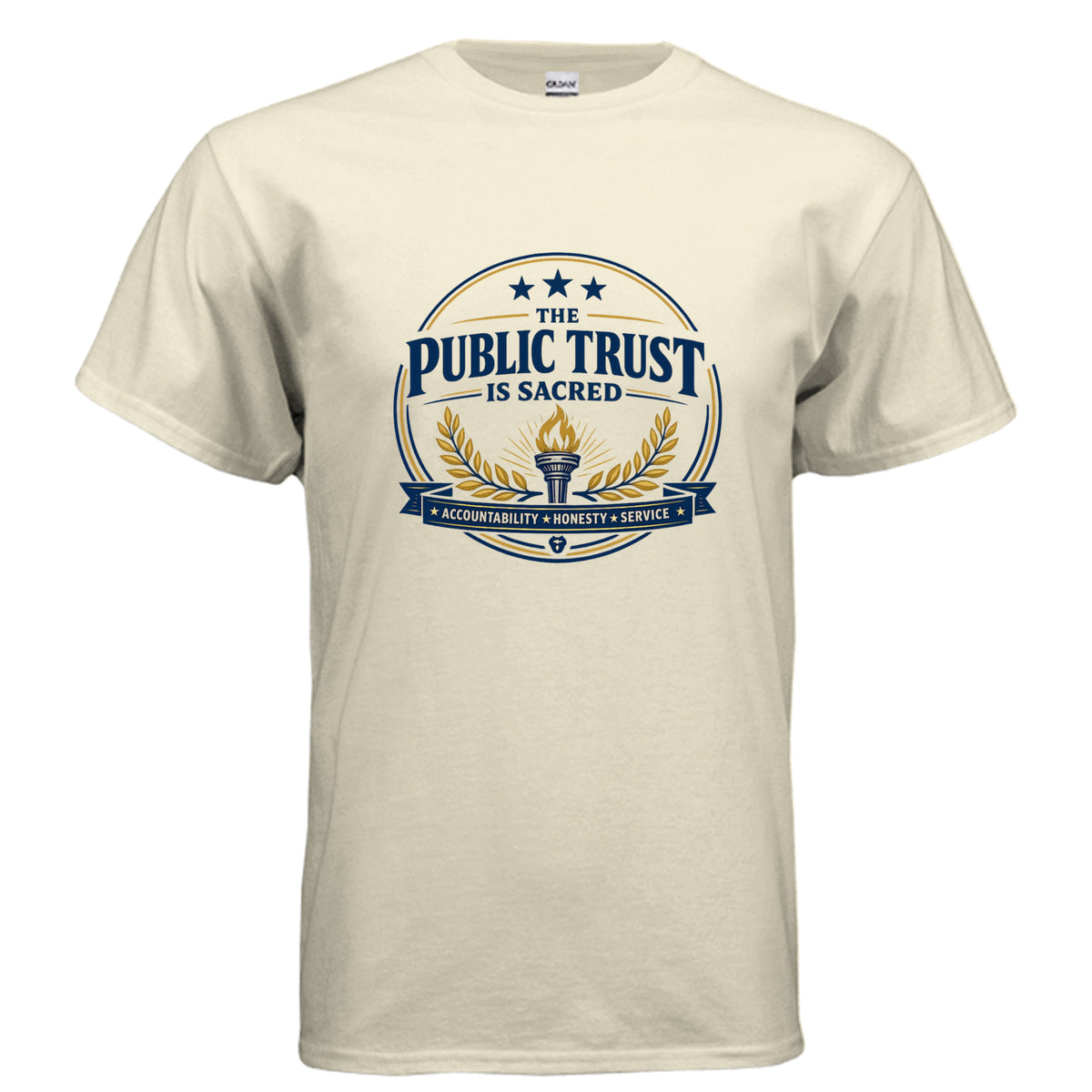 The Public Trust Is Sacred patriotic t-shirt design featuring torch, laurel wreath, stars, and accountability honesty service banner.