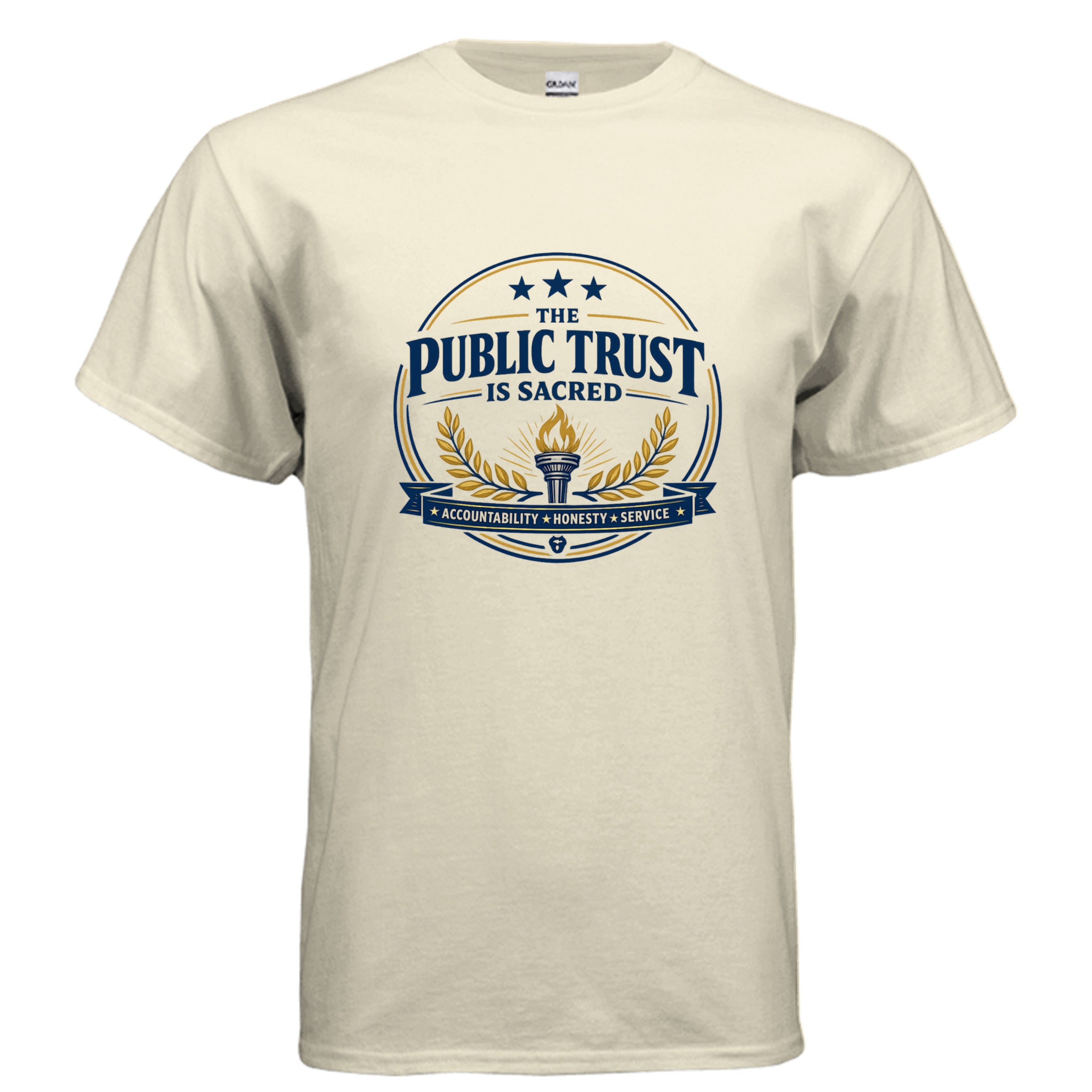 The Public Trust Is Sacred patriotic t-shirt design featuring torch, laurel wreath, stars, and accountability honesty service banner.