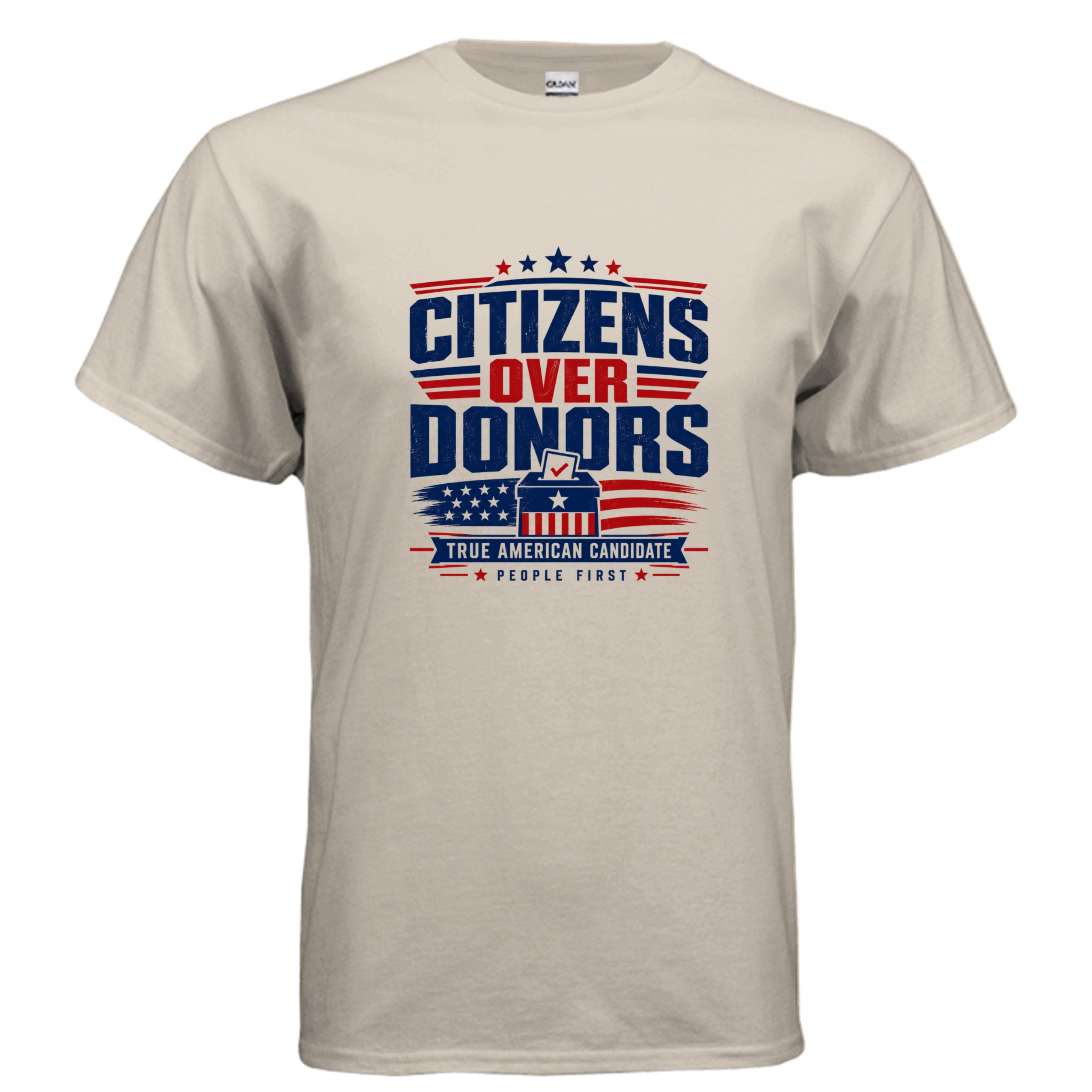 Citizens Over Donors True American Candidate patriotic political t-shirt design with ballot box and red white blue graphics