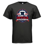 Earn the Office patriotic campaign-style t-shirt design featuring a podium, stars, red white and blue badge, and the phrase Service Is Not a Title — It’s a Duty.