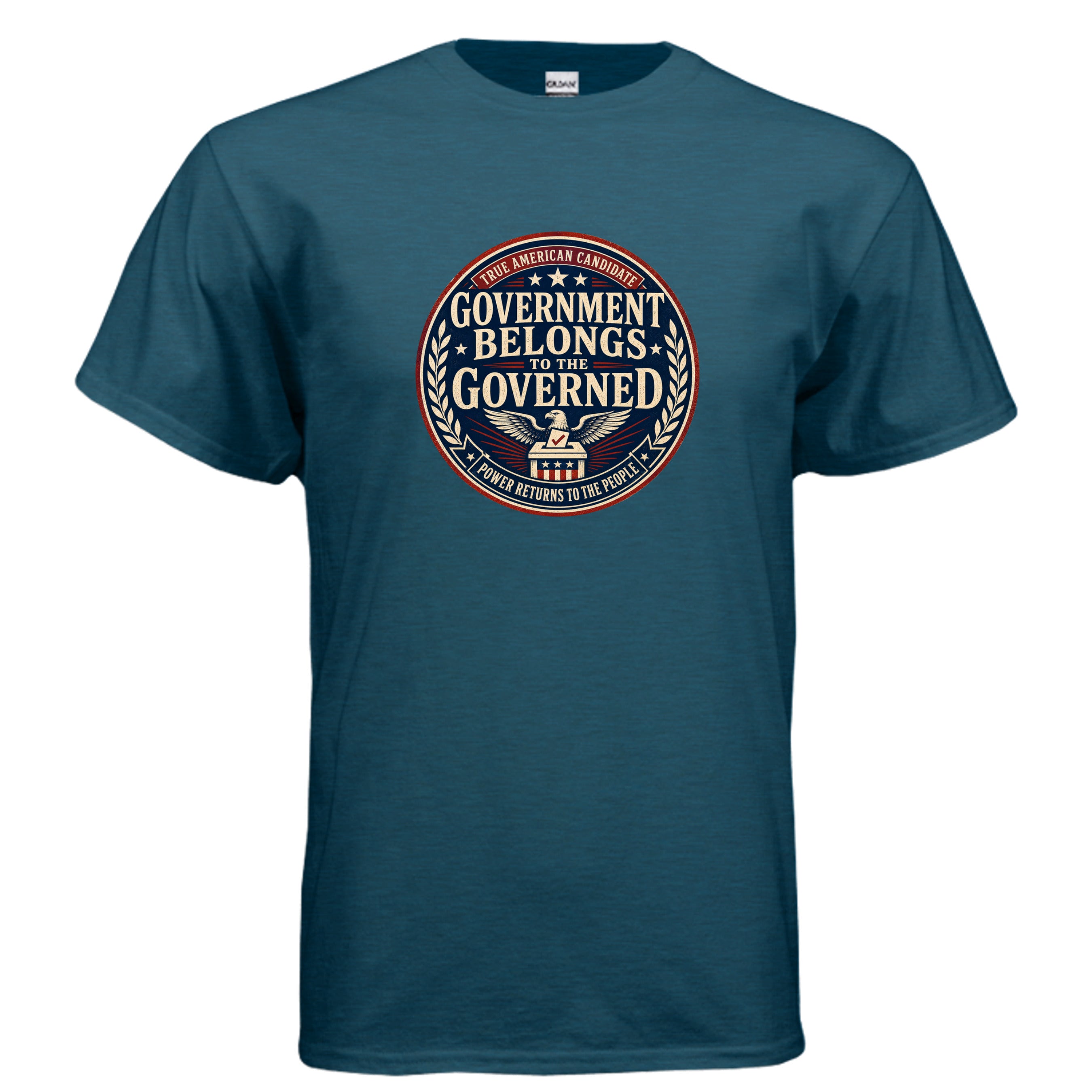 Government Belongs to the Governed True American Candidate patriotic political reform t-shirt design with vintage red white and blue civic seal.