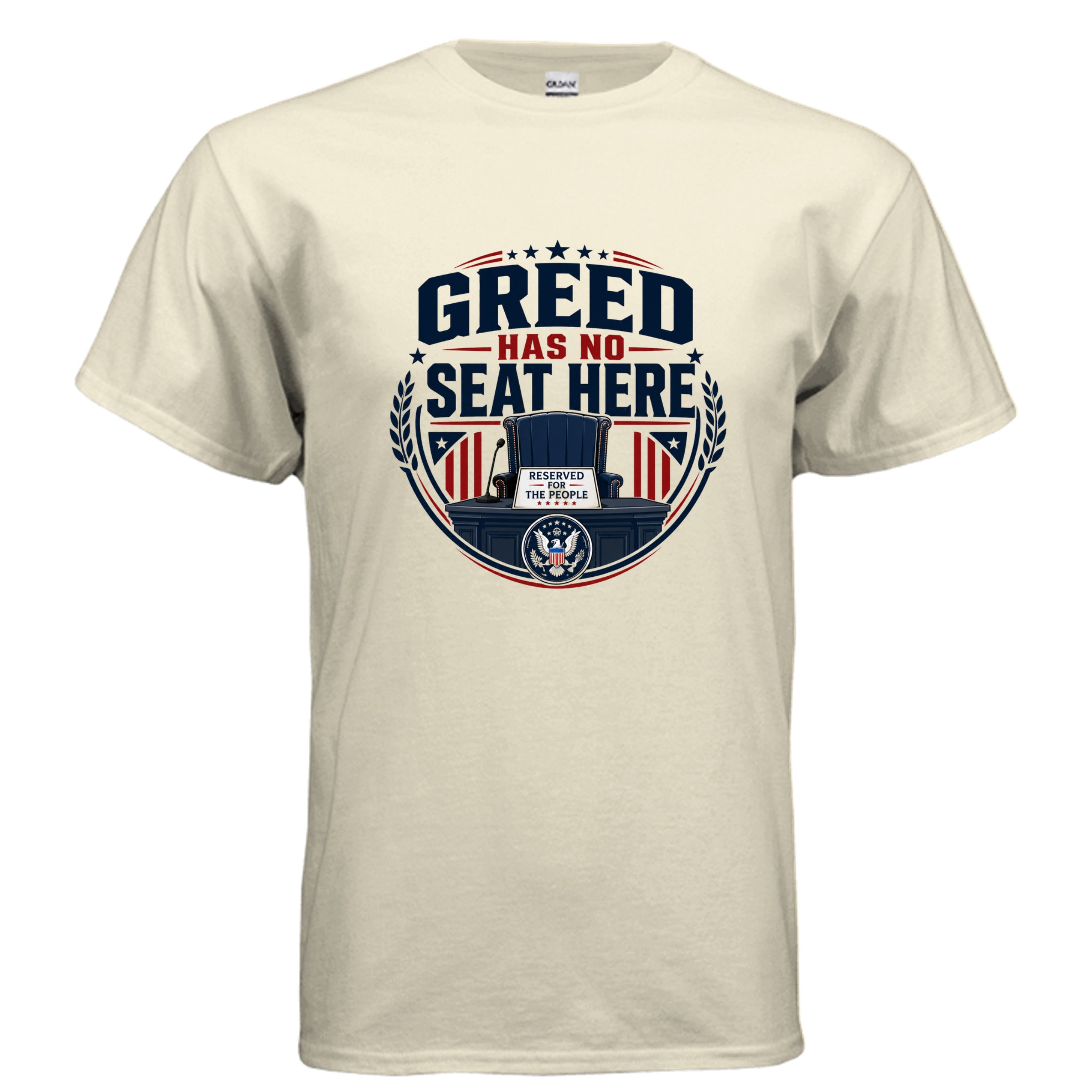 Greed Has No Seat Here True American Candidate political t-shirt design with empty government chair and Reserved for the People sign.