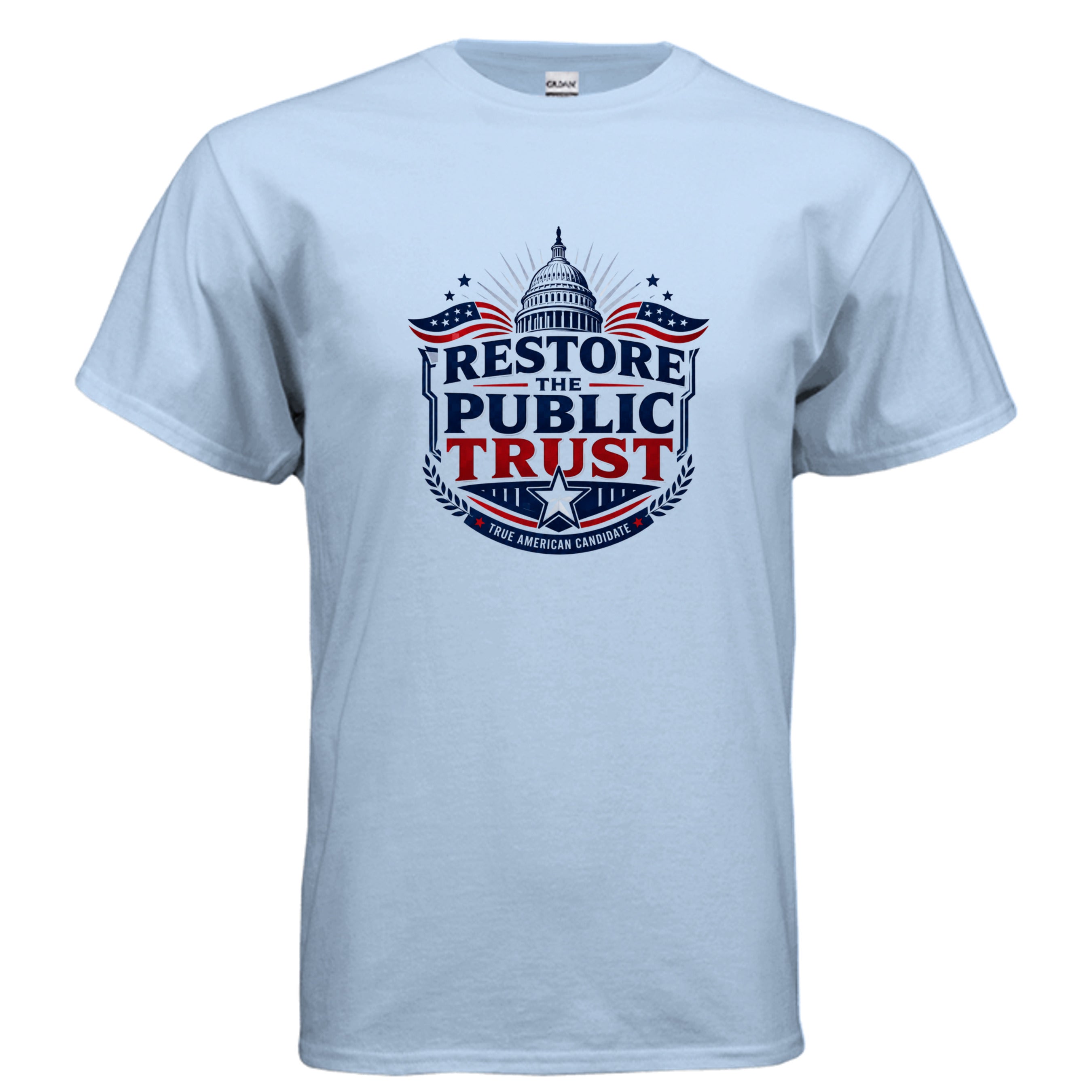 Restore the Public Trust patriotic political t-shirt design with Capitol dome, stars, red white and blue graphics, and True American Candidate text.
