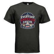 The Everyday American Caucus True American Candidate patriotic graphic t-shirt design with stars, ballot box, work glove, and coffee mug.