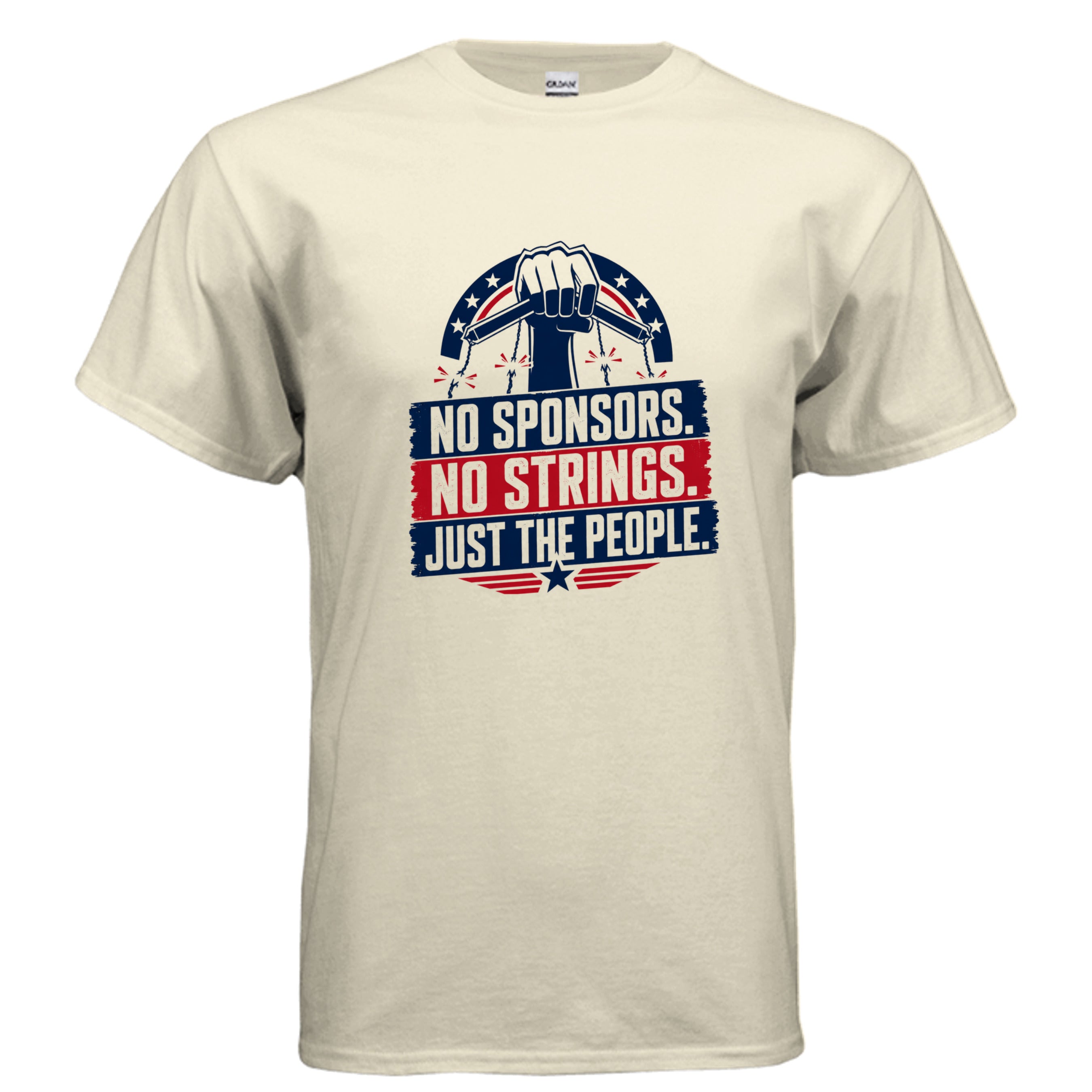 No Sponsors No Strings Just the People True American Candidate political reform t-shirt design with patriotic red white and blue broken string graphic.