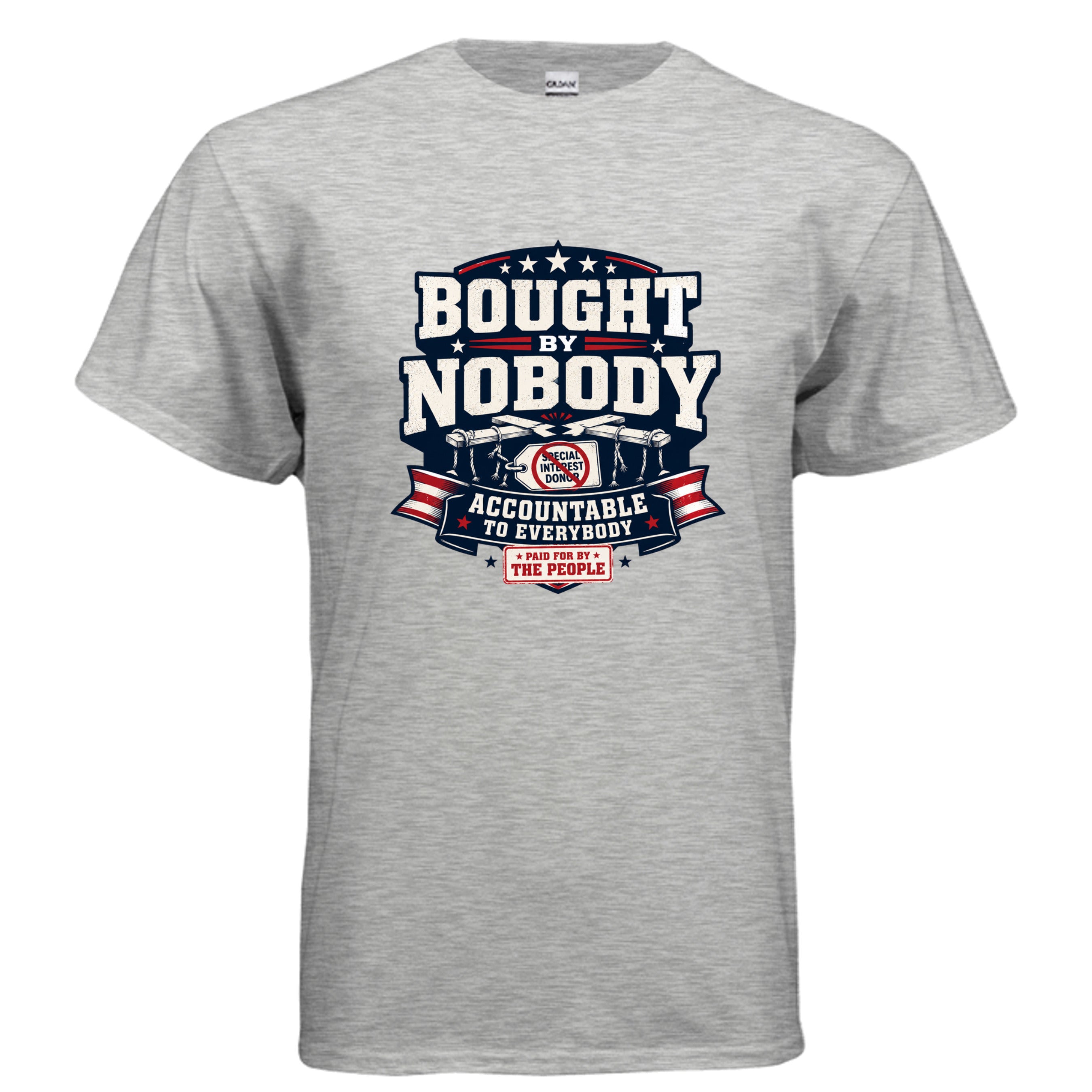 Bought by Nobody Accountable to Everybody patriotic political t-shirt design with stars, stripes, broken puppet strings, crossed-out special interest donor tag, and Paid For By The People stamp.