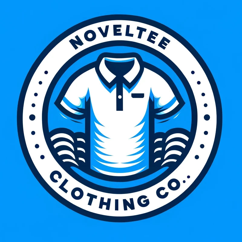Logo of Noveltee Clothing Co. featuring a polo shirt design on a blue background