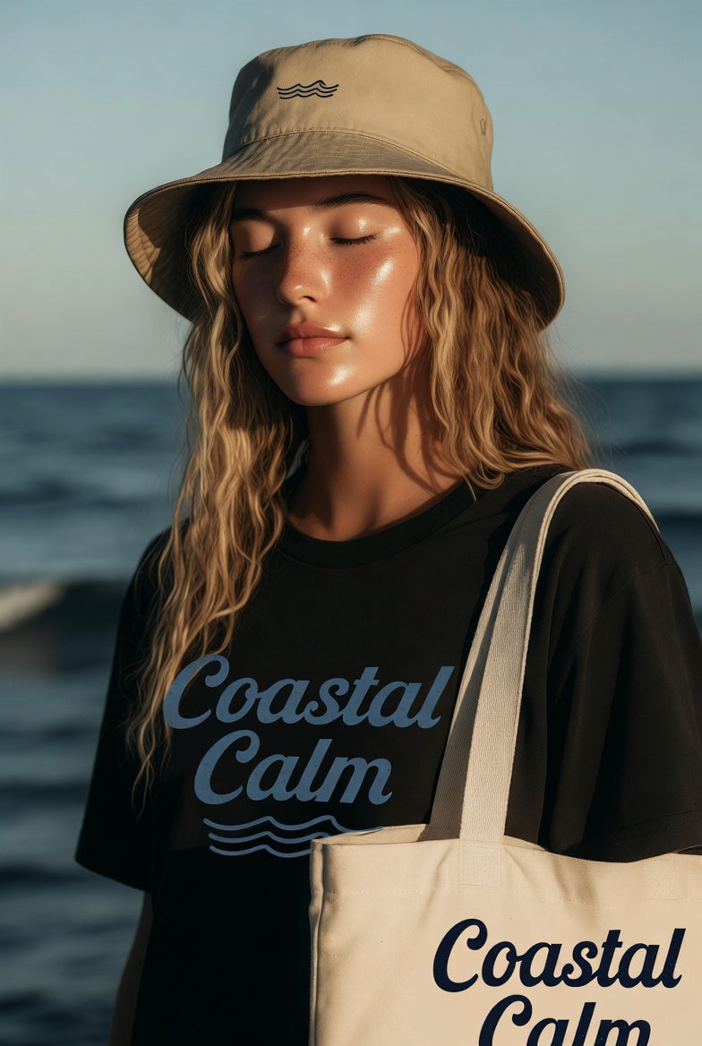 Woman wearing a 'Coastal Calm' shirt and tote bag with a beach background